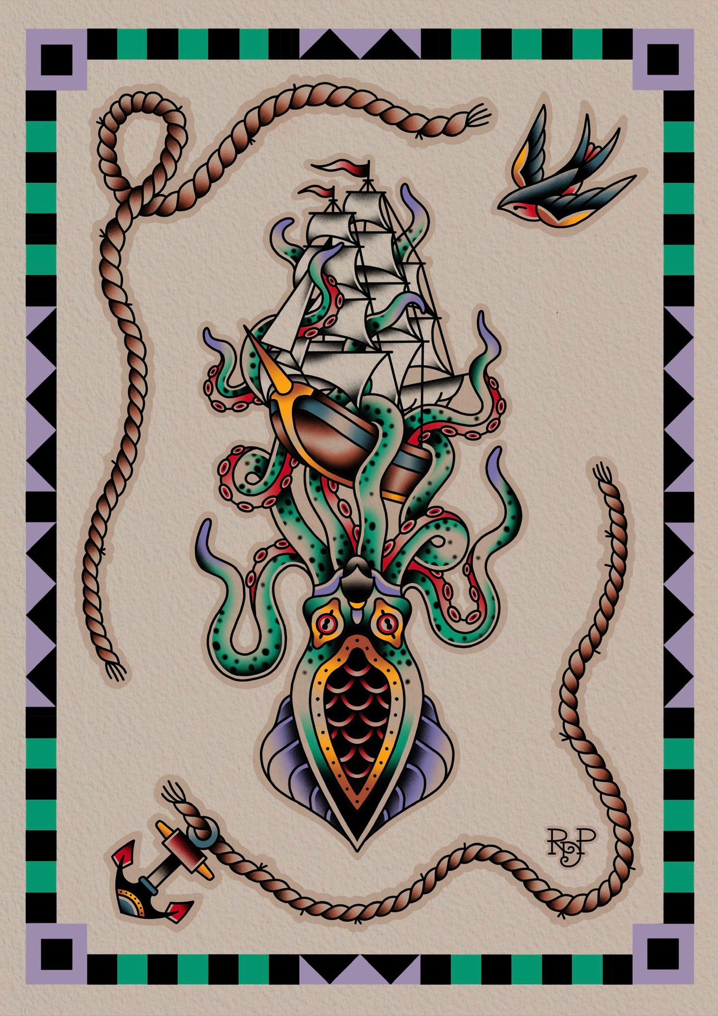 Boot met Kraken door Rickert de Prikkert op A3